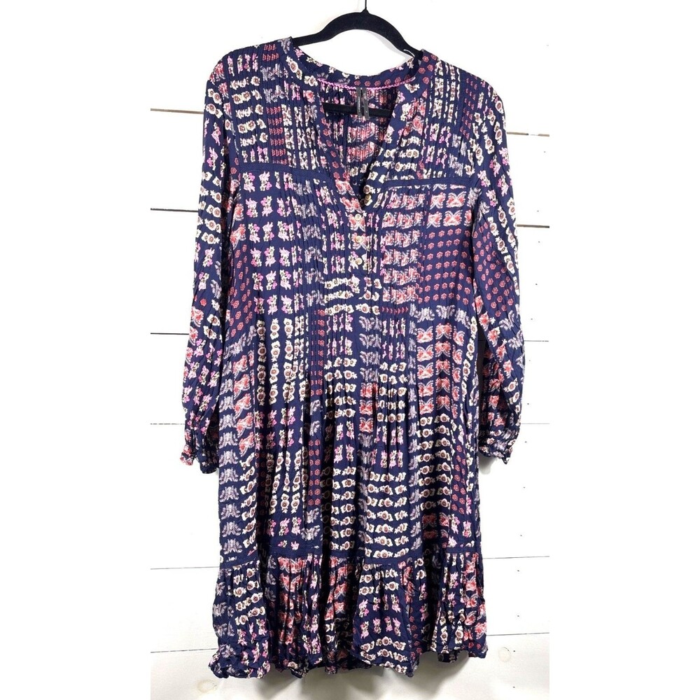 Anthropologie Womens Size S Navy Floral Patchwork Tiered Boho Dress Long Sleeve